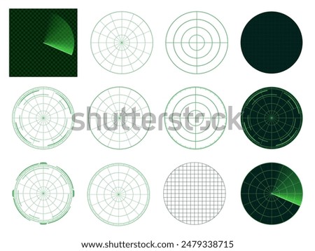 Radar screen illustration material set_green_silhouette