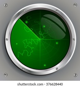 radar screen with the image of green aircraft and land contours