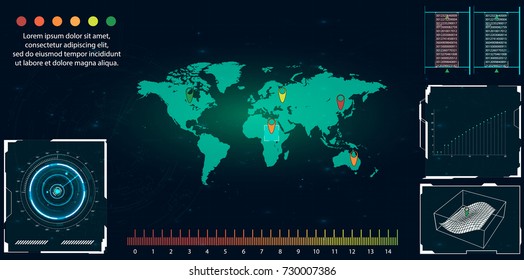 
Radar screen.HUD infographic elements World map connection.Vector illustration for your design. Technology background. Futuristic user interface.