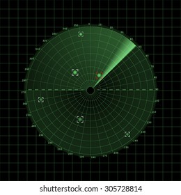 Radar Screen On Grid, 2d Vector On Dark Background, Sonar, Eps 10