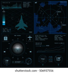 Radar screen. Operator control panel. Hud infographic interface screen monitor. UI design game template. Aviation technology concept 