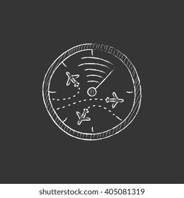Radar screen with planes. Drawn in chalk icon.