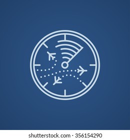 Radar screen with planes line icon for web, mobile and infographics. Vector light blue icon isolated on blue background.