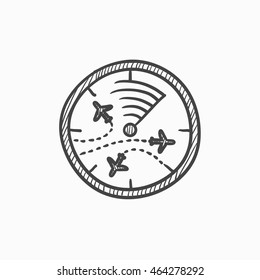 Radar screen with planes vector sketch icon isolated on background. Hand drawn Radar screen with planes icon. Radar screen with planes sketch icon for infographic, website or app.