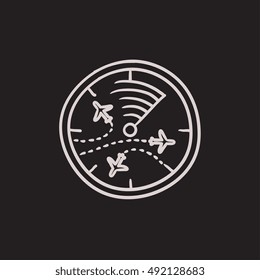 Radar screen with planes vector sketch icon isolated on background. Hand drawn Radar screen with planes icon. Radar screen with planes sketch icon for infographic, website or app.