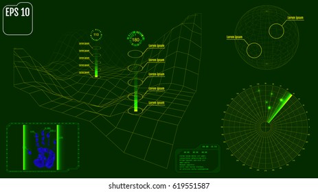 Radar screen with planet, map, targets and futuristic user interface HUD. Green infographic elements. Vector illustration.