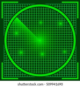 radar screen, the real sonar green color with a discovered UFO objects on the screen, alien invasion, vector