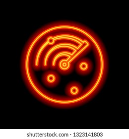 Radar screen, scan circle, icon. Orange neon style on black background. Light icon