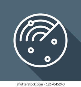 Radar screen, scan circle, linear outline icon. White flat icon with long shadow on blue background