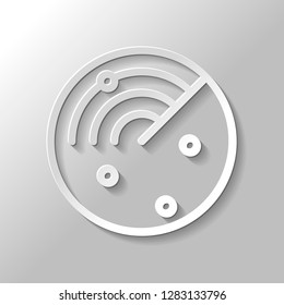 Radar screen, scan circle, linear outline icon. Paper style with shadow on gray background