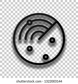 Radar screen, scan circle, linear outline icon. Black glass icon with soft shadow on transparent background