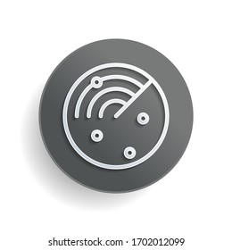 Radar screen, scan circle, linear outline icon. White paper symbol on gray round button or badge with shadow