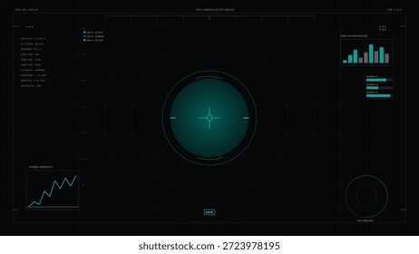 Una pantalla de radar muestra un objetivo central con datos de seguimiento y gráficos mostrados en el lateral. El diseño consta de varias estadísticas e indicadores en formato digital.