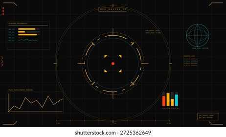 Uma tela de radar mostra métricas de dados com gráficos e gráficos. Linhas e formas coloridas representam informações. O design é escuro com elementos brilhantes que se destacam.