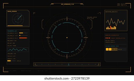 A radar screen shows various data points and graphs for monitoring. The interface displays sequences, velocities, and warnings for system activity.