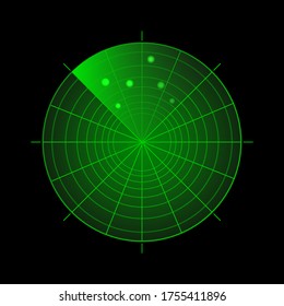 Radar screen with targets. Green sonar system on black background. Target detection. Technology vector HUD display.