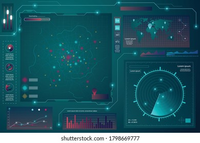 Pantalla de radar. Ilustración vectorial para su diseño. Antecedentes tecnológicos. HUD.