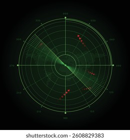 Radar screen way path sensor object. green light radar. vector