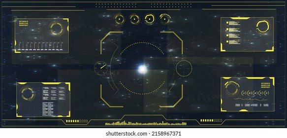 Radar screen.HUD. Hi-tech futuristic display. Tech and science, analysis theme. Digital futuristic user interface. Infographic elements: graph, waves, arrow, bar regulator, circle, percent.Technology 