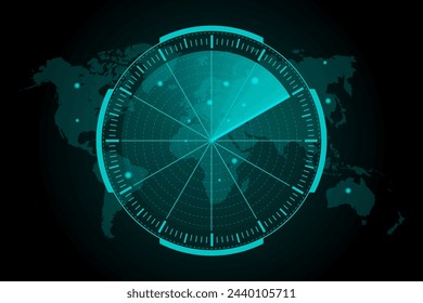 Radar in searching. Air and sea search. Radar display. Military search system concept. Vector illustration.