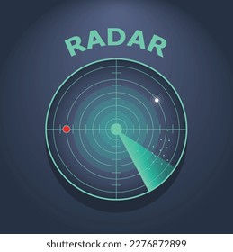 Señales de radar que captan enemigos o amenazas en su ubicación. Escaneo de los alrededores con tecnología de alta tecnología. Sensores futuristas con luz azul orbitando en movimiento circular. Icono u objeto de interfaz de usuario de juego. 