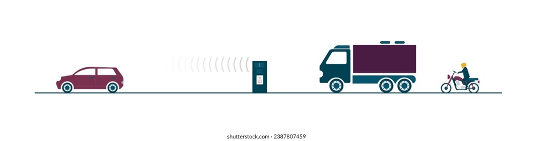 Radar speed control machine system reading car’s licenses plates. Traffic control, transport. Flat style colorful vector illustration isolated on white background.