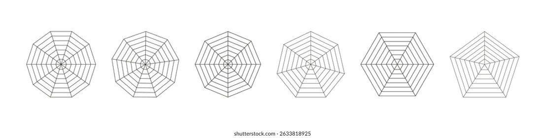 Radar, spider diagram flat templates. Spider mesh patterns. Polygon thin graphs. Diagram for statistic, analytic. Blank radar black charts. Minimalist coaching tool. Grid mockups with segments.