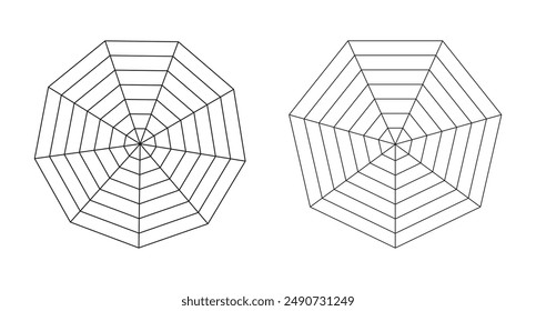 Radar or spider diagram template. Blank radar chart. Polygon, nonagon, heptagon graphs. Simple flat icon. Diagram for statistic and analytic isolated on a white background.