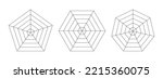 Radar spider diagram template. Flat spider mesh. Blank radar charts. Pentagon, hexagon and heptagon graphs. Kiviat diagram for statistic and analitic. Vector illustration isolated on white background.