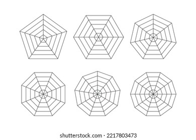 Plantilla de diagrama de radar o araña. Malla de araña plana. Gráficos de radar en blanco. Gráficos de pentágono y hexágono. Diagrama de Kiviat para estadística y analitica. Ilustración vectorial aislada en fondo blanco.