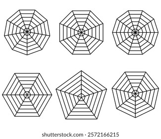 Radar or spider diagram template. Flat spider mesh. Blank radar charts. Pentagon and hexagon graphs. Vector illustration