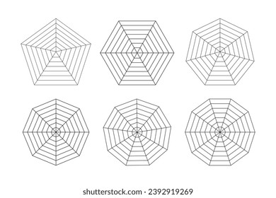 Radar, spider diagram template. Spider mesh. Polygon graphs. Diagram for statistic and analytic.  Blank radar charts. Simple coaching tool. Grid with segments. Vector flat illustration.