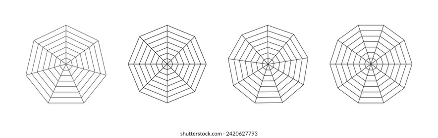 Radar, spider diagram template. Spider mesh. Polygon web graphs icon. Diagram for statistic and analytic. Blank radar charts. Coaching tool. Grid with segments. Vector illustration. Eps.