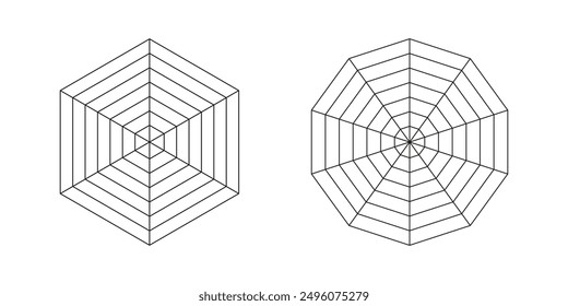 Radar, spider diagram template. Spider web chart, mesh. Hexagon, decagon, polygon statistics graph. Diagram for statistic and analytic. Blank radar charts. Coaching tool. Segmented grid.