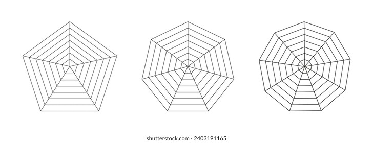 Radar, spider diagram templates. Spider mesh. Set of polygon graphs. Diagrams for statistic, analytic. Radar charts. Segmented grid. Coaching wheel life blank. Vector illustration.