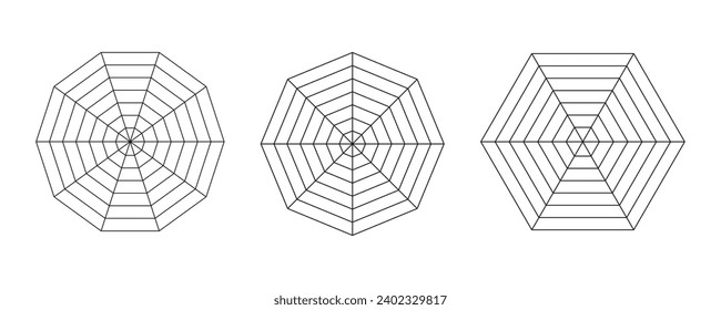 Radar, spider diagram templates. Polygon graphs. Spider mesh. Diagram for statistic, analytic. Blank radar simple charts. Coaching tools. Flat grids with 6, 8,10 segments. Vector graphic illustration.