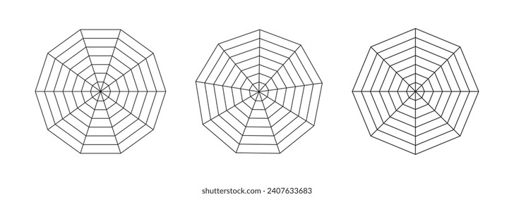 Radar, spider diagram templates. Set of spider mesh. Polygon graph. Collection of diagram for statistic and analytic. Blank radar charts. Simple coaching tool. Grid with segments. Vector illustration.