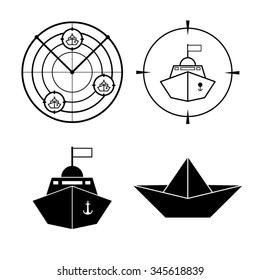 Radar with targets - black vector icon, set