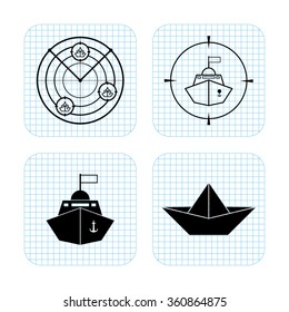 Radar with targets -  black vector icon; set