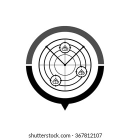 Radar with targets - black vector icon; map pointer;  message bubble