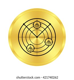 Radar with targets - black vector icon;  golden button