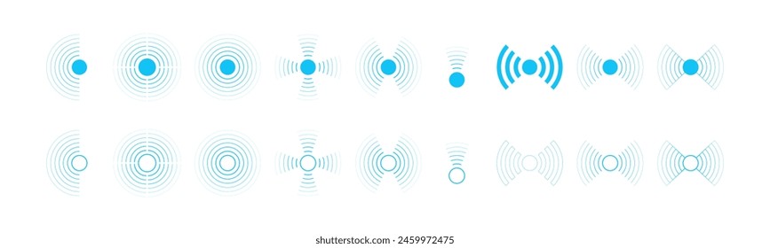 Radar- und Wi-Fi-Vektorsymbole: Wi-Fi-Signalkreise, Sonar-Schallwellen, Drahtlose Technologie-Digitalradar oder Sonar-Vektorgrafik.