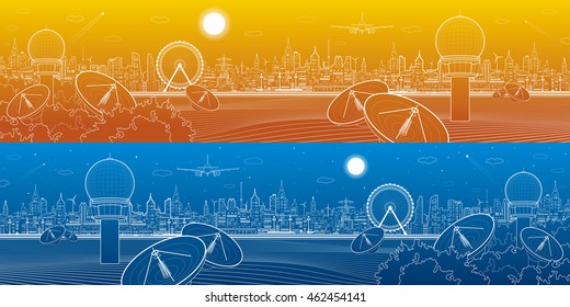 Radars in the woods, communication and technology illustration, satellite dish, weather station, night skyline, neon city, urban scene, vector design art