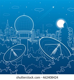 Radars in the woods, communication technology, weather station, satellite dish, night skyline, neon city, urban scene, vector design art