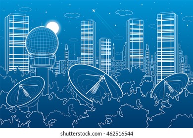 Radars in the woods, communication technology, weather station, satellite dish, night skyline, neon city, urban scene, vector design art