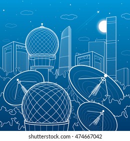 Radars in the woods, communication technology, weather station, satellite dish, night skyline, neon city, urban scene, vector design art
