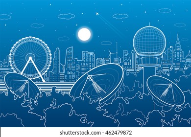 Radars in the woods, ferris wheel, communication technology, satellite dish, weather station, night skyline, neon city, urban scene, vector design art