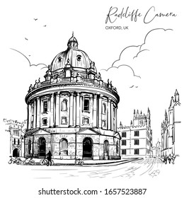 Radcliffe Camera. Oxford, UK. Excellent example of the Palladian architecture. Vintage design. Linear sketch isolated on white background. EPS10 vector illustration