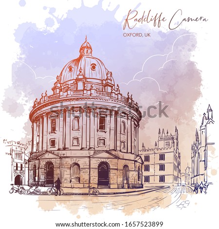 Radcliffe Camera. Oxford, UK. Excellent example of the Palladian architecture. Vintage design. Linear sketch on a watercolor textured background. EPS10 vector illustration