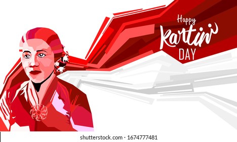 Raden Adjeng Kartini the heroes of women and human right in Indonesia. Pop art flag with red and white color background. - Vector